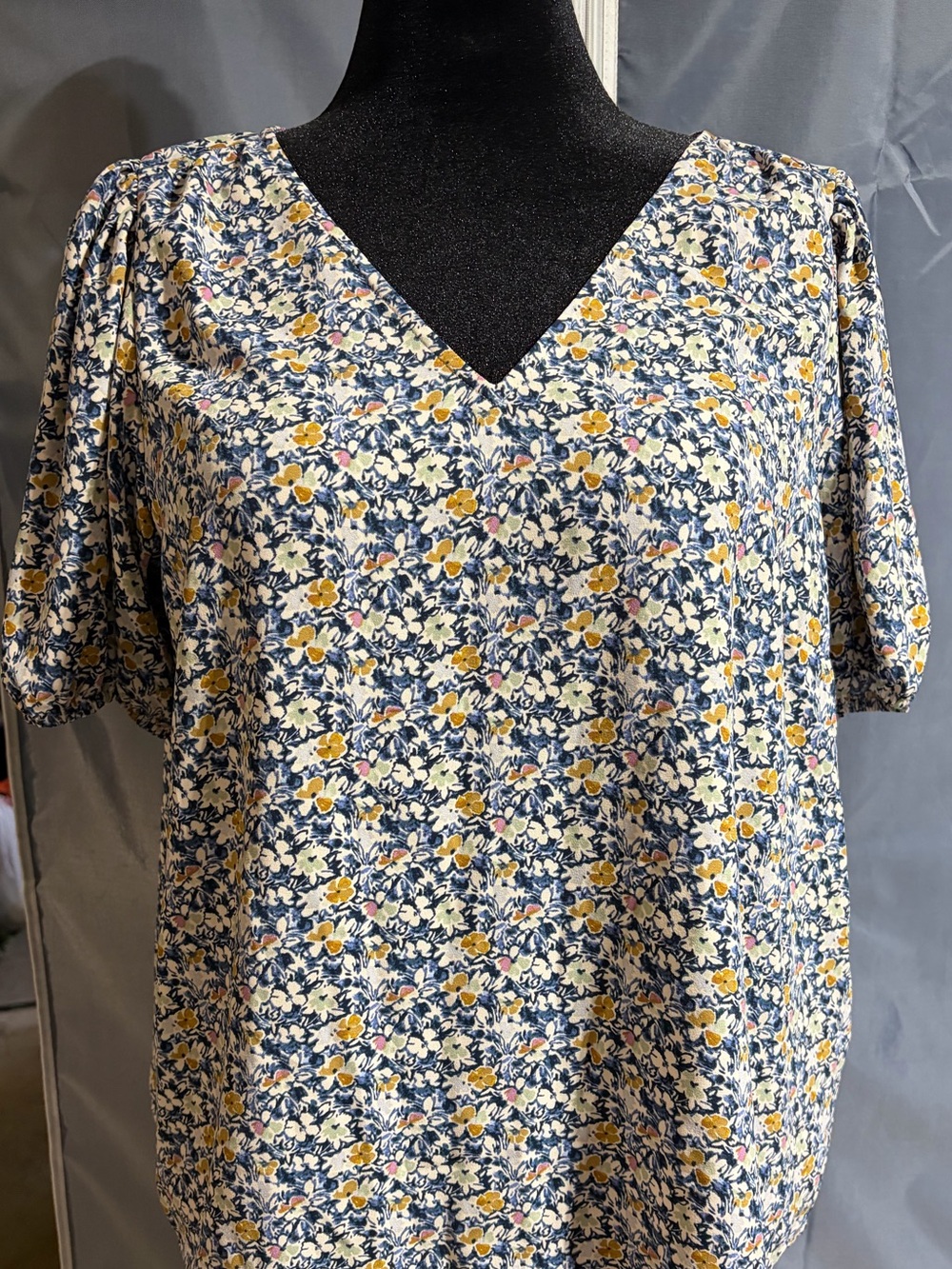Women's Floral V-Neck Blouse in Blue & Yellow